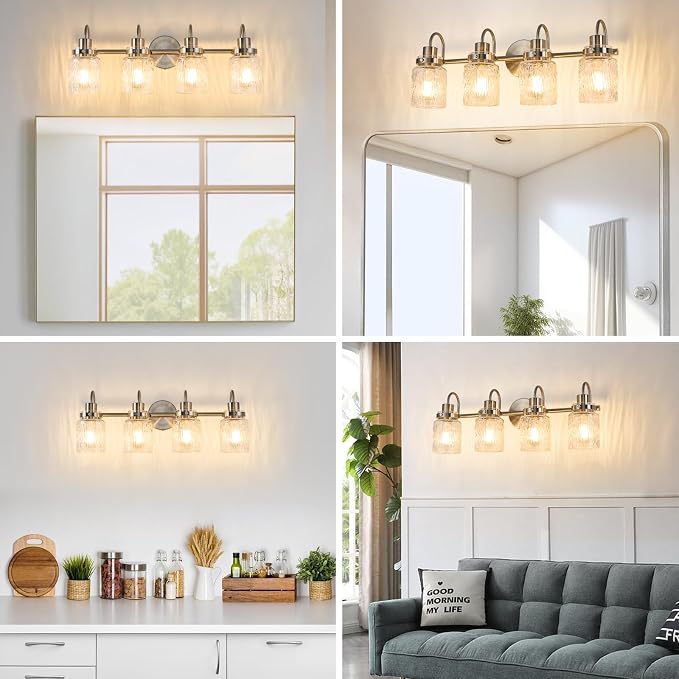 4 Lights Hammered Glass Bathroom Vanity Light,Brushed Nickel | Easy Installation,Up or Down,Farmhouse Modern Style,E26 Socket,ETL Certification