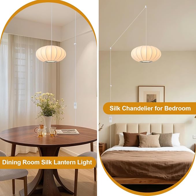 11.8in Plug in Pendant Light Small Lantern, White Imitation Silk | Plug in Hanging Lamp Wabi Sabi Japanese Bubble Lantern Pendant Chandelier for Living Dinning Room Kitchen Island Bedroom 1PK