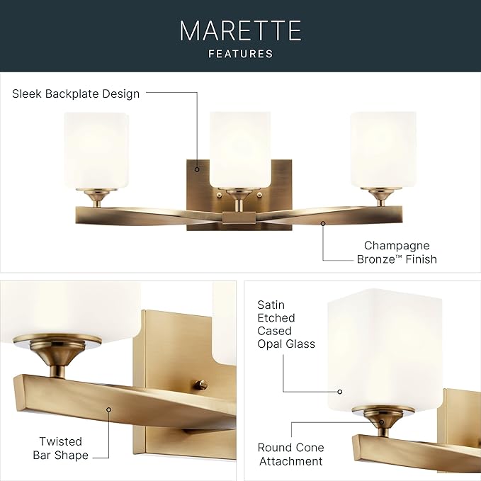 Kichler Marette 3-Light Bathroom Vanity Light, Champagne Bronze | Satin etched cased opal glass vanity light for bathrooms and powder rooms (23" x 8.25" x 6"), 55002CPZ