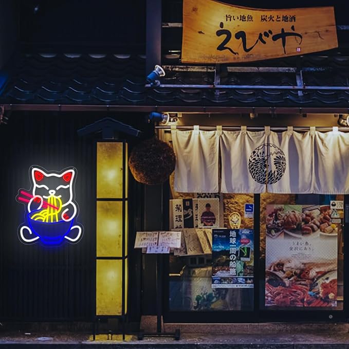 Fortune Cat Ramen Neon Sign Japanese Lucky Cat Noodle Neon LED Light Signs | Dimmable Anime Ramen Cat Neon Lights up Sign for Living Room Wall Decor Home Bar Kitchen Ramen Restaurant Dining