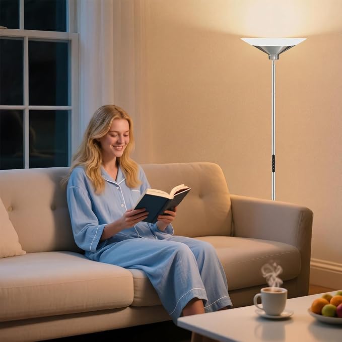 Metallic Silver Torchiere Floor Lamp - 30W Dimmable LED Standing Lamp with Remote/Button Control, 1800Lm, 3000-6500K, 72in Tall Bright Pole Light for Living Room Bedroom Office Corner