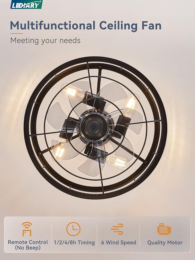 LEDIARY 16.5 inch Caged Fandelier Ceiling Fan Light with Remote, Black | 6 Speed Adjustable,Timing, Quiet & Powerful DC, Small, Farmhouse, Industrial, Enclosed, Bladeless, Bedroom, Kitchen, Downrod