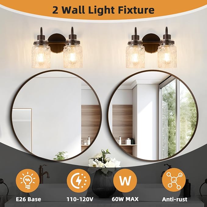 2 Lights Hammered Glass Bathroom Vanity Light, Oil Rubbed Bronze | Easy Installation,Up or Down,Farmhouse Modern Style,E26 Socket,ETL Certification