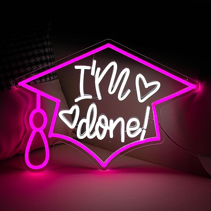 I’m Done Neon Sign LED Bachelor's Cap Light Sign Dimmable Graduation Decor Neon Light USB Powered Congrats Neon Light for Commencement School Graduation Party Wall Decor(16.5 * 12.6 In)