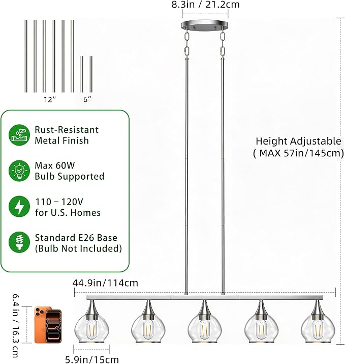 Kitchen Island Linear Pendant Light, 5-Light Brushed Nickeld Dining Room Chandelier with Clear Glass Globe Shades, Modern Linear Lighting Fixture Over Table