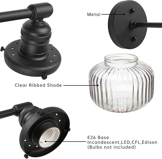 2-Lights Industrial Glass Wall Sconces, Antique Brass Clear Striped Globe Shade Wall Light Fixture for Bathroom Vanity, Bedroom, Dining Room, Living Room, Farmhouse, Stairs