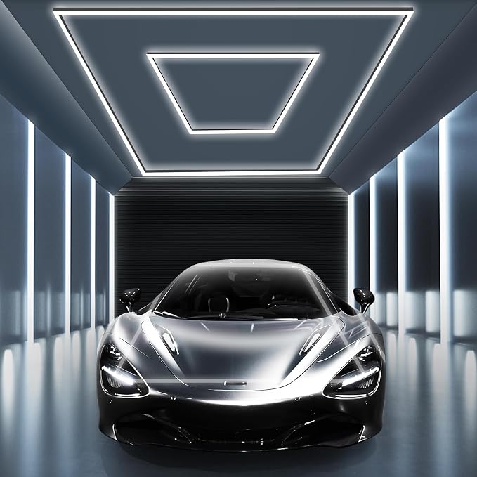 MODERN Hexagon LED Garage Light: Higher Brightness 36720 Lumens Hexagon Garage Led Ceiling Light with 2 Rectangular Borders 6500K for Garage, Auto Beauty Shop, Car Detailing Shop etc.