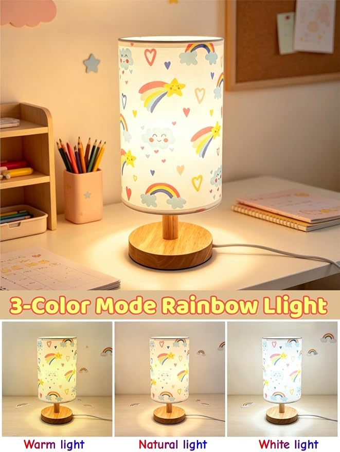Rainbow Lamp for Girls Bedroom Bedside Table Lamps 3 Color Modes Kids Nightstand Night Light Lamp, Flaxen Fabric Shade Reading Desk Lamp for Nursery Living Room Office Rainbow Decor Gifts for Girls