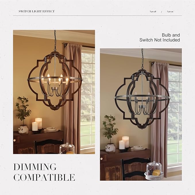 31.5'' 8-Light Farmhouse Chandelier for Dining Room Vintage Rustic Oak Brown Wood Pendant Light Fixtures Globe Hanging Ceiling Lighting for Hallway Entry