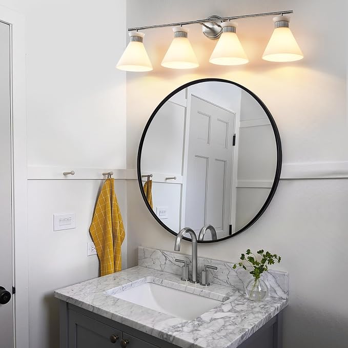 WOSHITU Bathroom Light Fixtures: Brushed Nickel 4 Lights Bathroom Vanity Lights Over Mirror with Milky White Frosted Glass Shade, 36 inch Farmhouse Vanity Lighting Sconce (Exclude E26 Bulb)