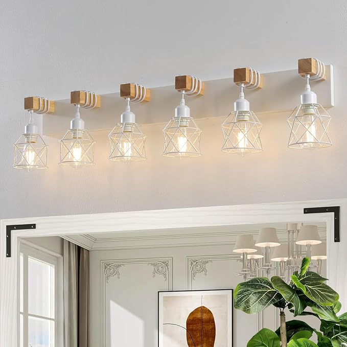 Farmhouse Vanity Light Fixture,6-Light Bathroom Lighting,White Modern Wood Wall Light Over Mirror with Metal Shade,LED Bulbs Not Included