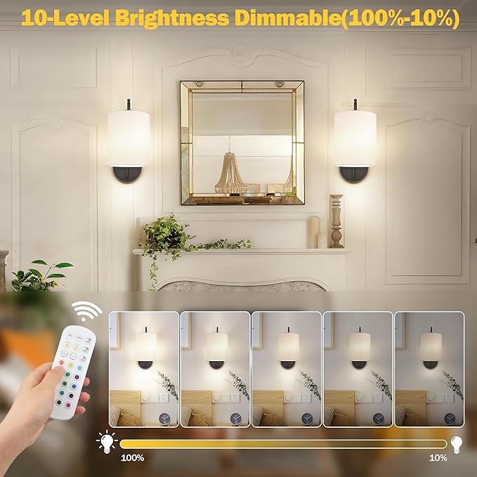 Battery Operated Wall Sconce Set of 2, Black Wall Light Fixture | Rechargeable Wall Mount Light, Dimmbale Bulb & Remote, 12 RGB Colors & Timer, Wireless Wall Lamp White Shade, Bedroom Hallway