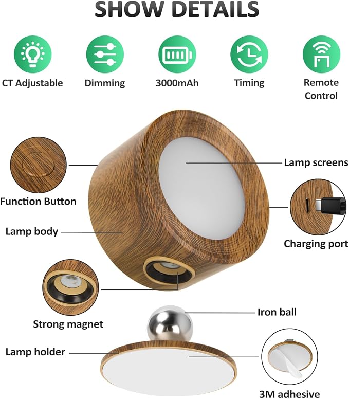 Racokky LED Wall Lights 2 Pcs with Remote, Wall Sconces Lighting 3000mAh Rechargeable Battery Operated, 3 Color Temperatures & Dimmable Magnetic 360° Rotation Cordless Lamp for Bedroom Hallway