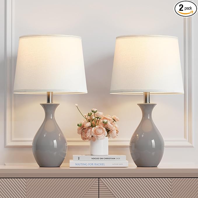Table Lamp Set of 2, Modern Ceramic Bedside Lamps for Night Stands, Classic Small Lamp Nightstand Lamp for Bedroom Living Room Desk End Table Rocker Swtich Grey