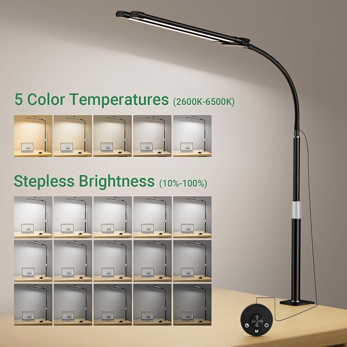 LED Desk Lamp with Clamp, 23.5-31.5 Inches, Black | 24W, 75 Lighting Modes, Flexible Neck Design, Telescopic Height, For Home Office Study Work Craft Paint