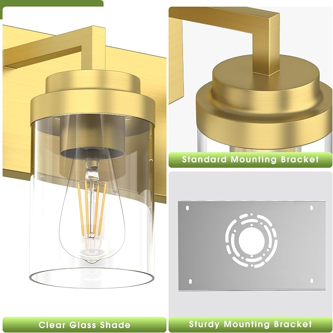Bathroom Lighting Fixtures, 4-Light Bathroom Vanity Lights Over Mirror, Brass Vanity Light with Glass Shade, Modern Vanity Lighting Fixtures for Bedroom, Hallway