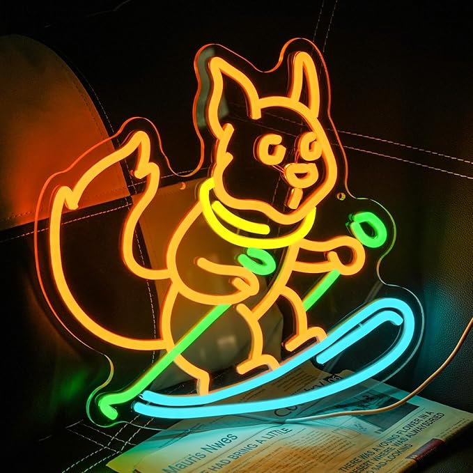 Squirrel Skiing Neon Sign for Wall Decor, Animal Snow Skiing Neon Signs Light, USB Powered Orange Squirrel Led Light Up Sign for Bedroom Pet Store Ski Area Decoration