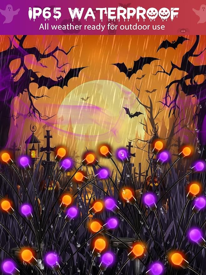 Halloween Decorations Outdoor Solar Firefly Lights 6 Pack Orange Purple | 2 Lighting Modes, Auto On/Off, 48 LED Sway with Wind, Waterproof Halloween Cpreepy Decor for Outside Graveyard Garden Pathway