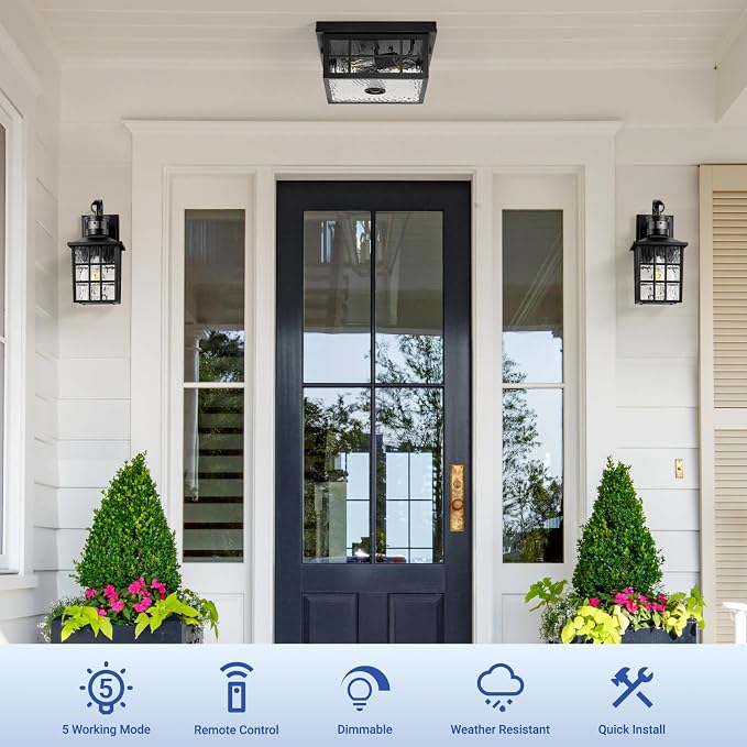 VIANIS Motion Sensor Exterior Ceiling Lighting Fixtures for Porch with Remote, 11'' Square Black Modern Outdoor Flush Mount Ceiling Light for House, 5 Modes Adjustable Distance Time Water Ripple Glass