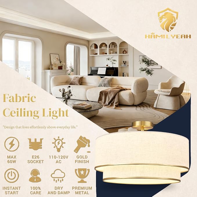 Hamilyeah 20 Inch Semi Flush Mount Ceiling Light, Dual Drum Fabric Shade Light Fixture with Gold Metal Trim, Modern Farmhouse Ceiling Light for Bedroom, Living Room, Dining Room, Hallway