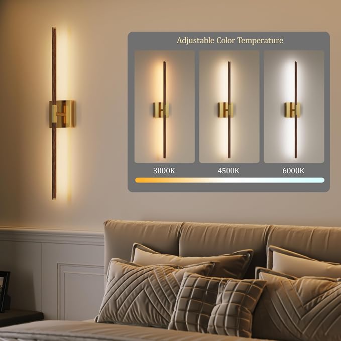 Morauroral Walnut Gold Battery Operated Wall Sconces with Remote Control, Rechargeable Wall Sconces Set of 2, LED Sconces Wall Lighting, Wireless Wall Lights for Bedroom, Living Room, Background Wall