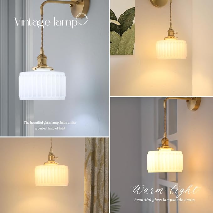 Shenmoyl Vintage Wall Sconce with White Striped Shade Pattern Glass Adjustable Chain Retro Gold Wall Mounted Light, Modern Wall Lamp Fixtures Decor for Bedside Bedroom Indoor Doorway