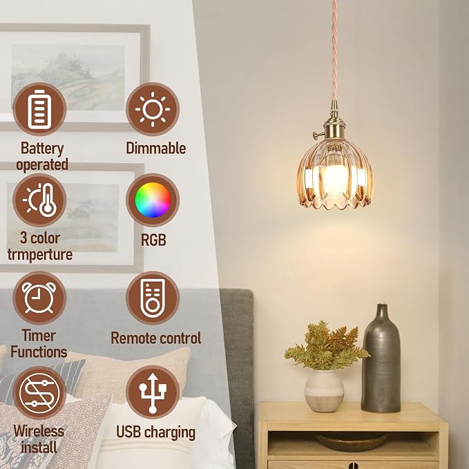 Battery Operated Pendant Light,Mini Hanging Lights RGB Rechargeable Light Bulb 2500mAh 5.1Inch with Remote Control Wireless Adjustable Rechargeable Chandelier for Kitchen Island Hallway