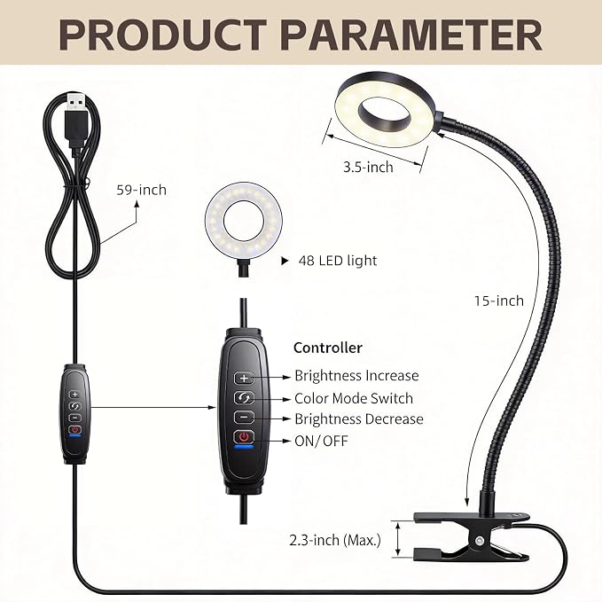 Sunny Power LED Clip On Book Light Eye-Care Bedside Reading Light for Kids | 3 Color Modes,10 Brightness Levels Flexible Arm Night Light,USB Powered Books in Bed, Table Lamp for Home Office Dorm