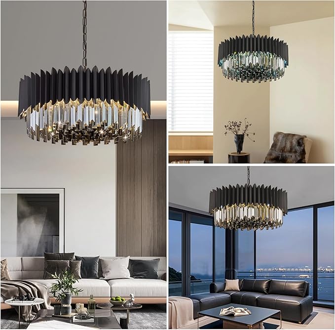 8-Light Large Crystal Chandeliers 24" Dining Room Light Fixture 5 Tiers Flush Mount Smoke Gray and Black Crystal Chandelier Round Pendant Light for Kitchen Living Room Entryway Foyer