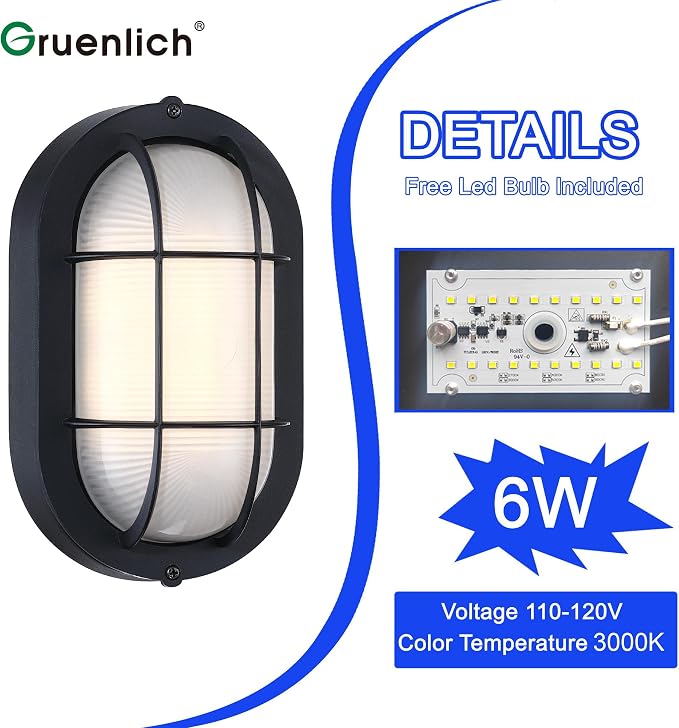GRUENLICH LED Bulkhead Light Fixture, Aluminum Outdoor Wall Lantern, 8.5" | Oval Exterior Porch Light Wall Sconce for House Walkway Nautical Sauna, Dimmable 6W 600 Lumen, Glass, 3000K, Black, 1 Pack