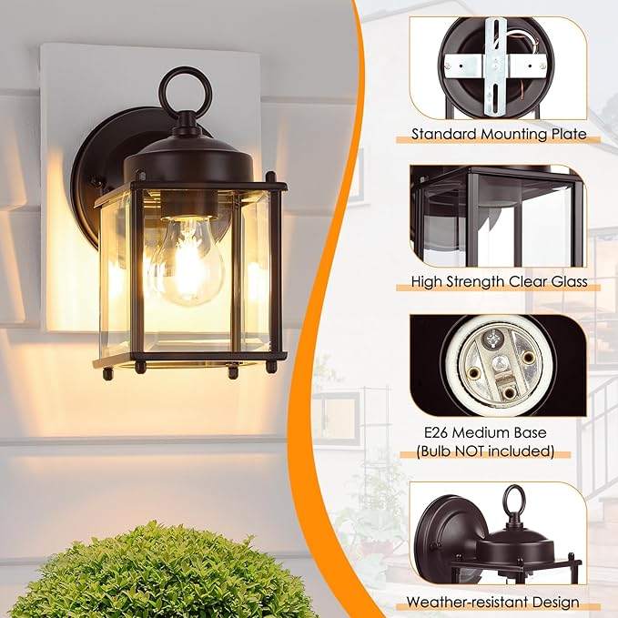 Outdoor Wall Lantern, Exterior Dark Chocolate Waterproof Wall Sconce Lighting Fixture, Front Door Wall Lamp with Clear Beveled Glass, 2 Pack