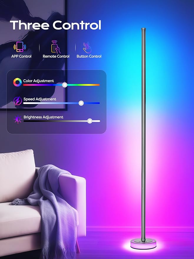 Smart Corner Floor Lamp, RGBICW LED Standing Lamp with App Control, 16 Million Colors with Music Sync, Dimmable Ambient Light for Bedroom, Living Room, Home Decor (Gray)
