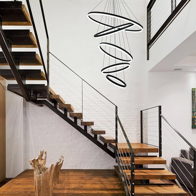 5-Rings Modern LED Chandelier Black Dimmable High Ceiling Chandelier for Dining Room with Remote Control for Foyer Living Room Entryway Staircase(D31.5’’, 3000K-6500K)