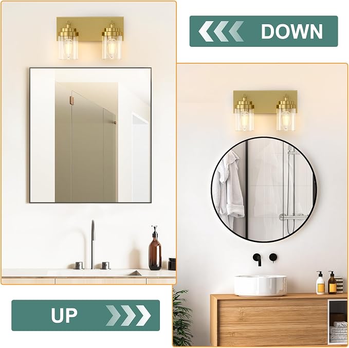 IZORRO Bathroom Vanity Light Fixture, 2-Light 15 Inch Gold Bathroom Light Fixtures Over Mirror, with Clear Glass Shade, Modern Farmhouse Vanity Lights, Rustic Restroom Lighting Fixtures