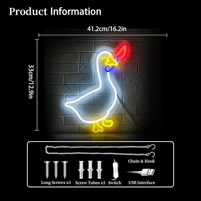 Goose Neon Sign Led Sign Neon Signs for Wall Decor Neon Lights | Goose Led Light Up Sign, White Game Room Decor, Boys Gift, Party, Wall Decor, 5V USB Powered