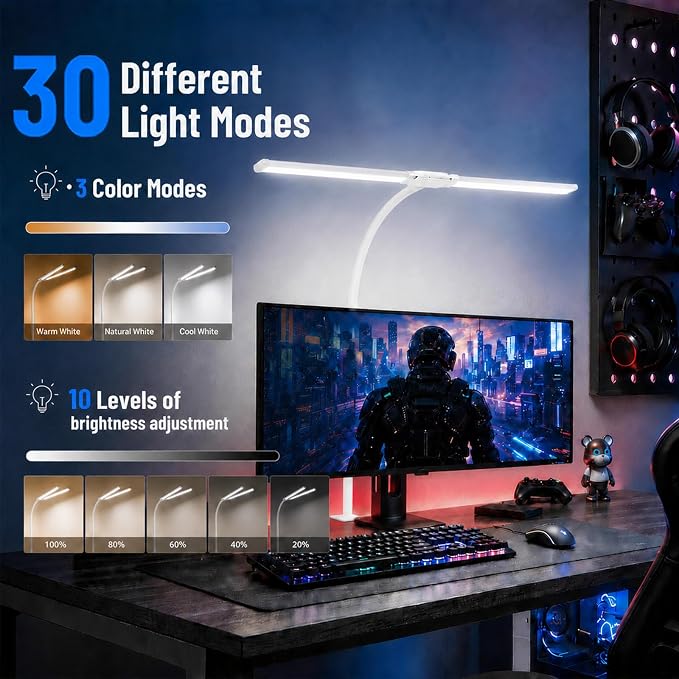 Desk Lamps for Home Office, Computer Light Bar, Double Head, White | Eye-Care Architect Light with Clamp, 3 Color Modes 10 Brightness, Adjustable for Reading, Study, Workbench