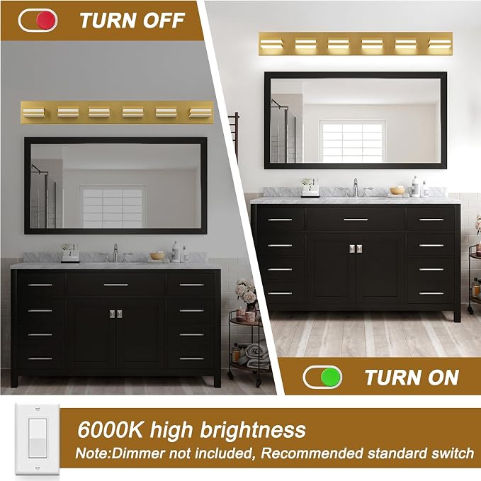 IZORRO LED Modern Bathroom Lights Fixtures(7-Light,Dimmable,360°Rotate),Brushed Glod Acrylic Wall Lighting,Vanity Lights for Bathroom Over Mirror - 6000k 40In （No Assembly Required）