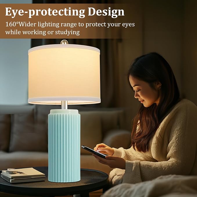 23.5" Light Green Modern Ceramic Table Lamps Set of 2 for Bedside | Nightstand Lamps with White Linen Shade, Ideal Size, Farmhouse Home Decor for Living Room Bedroom Office End Table Dorm