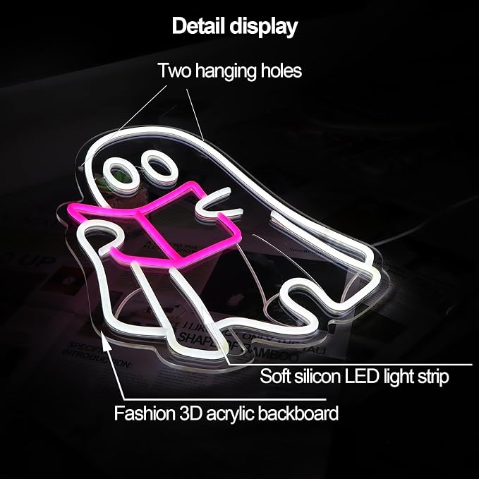 Ghost Reading Book Neon Sign | LED Neon Light, Hanging Design, For Bedroom Home Library Reading Room, Kids Room Store Decor