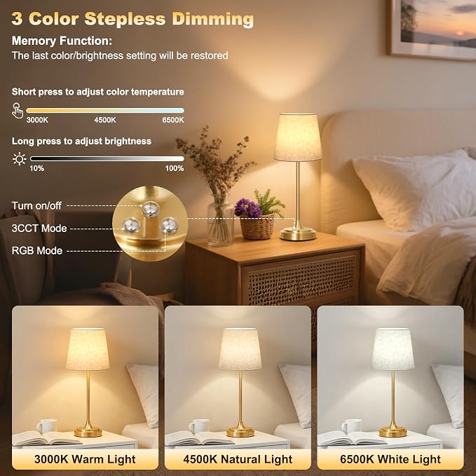 Wowag Cordless Table Lamp Rechargeable,5000mAh Battery Operated Desk Lamp,3 Colors & 7 RGB Stepless Dimmable,Touch Control Ambient Light for Bedside,Bedroom,Dining Room,Living Room,Gold,FlaxenShade