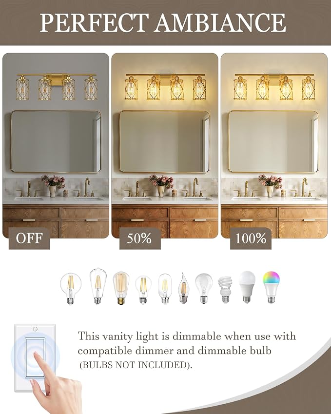 4-Light Brushed Gold Bathroom Light Fixtures, 29 Inch Modern Bathroom Vanity Lighting Fixtures Over Mirror with Clear Glass and Metal Cage Wall Sconce Lights for Bath, E26, CH9176BG-4W