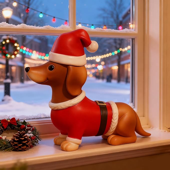 Christmas Dachshund Figurines Decor Xmas Resin Statue Ornament Cartoon Cute Puppy Tabletop Ornament Gifts Christmas Dachshund Dog Sculpture for Garden Home Party Decoration Supplies