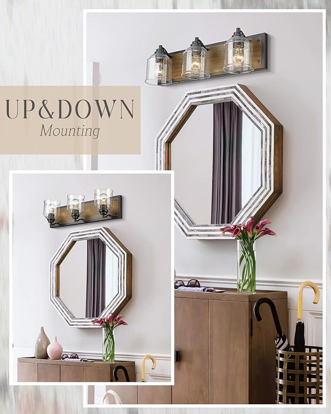 Vanity Lights for Bathroom Large 23", Farmhouse Rustic Vanity Light with Bubble Glass Shades, Brown 3 Light Bathroom Lighting Fixtures Over Mirror, Bath Wall Sconce Home Decor