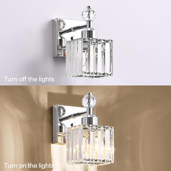 PRESDE 1-Light Bathroom Vanity Light, Modern Chrome Wall Sconce with Crystal Shade, Single Wall Lamp for Over Mirror Bedroom Hallway