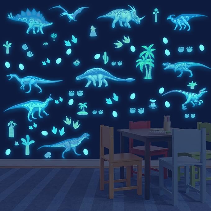 Glow in The Dark Dinosaur Wall Decals Dinosaur Room Decor for Bedroom | Glowing Self-Adhesive Stickers for Ceiling, Removable Wall Stickers Children's Room Stickers Boys and Girls Room Decoration