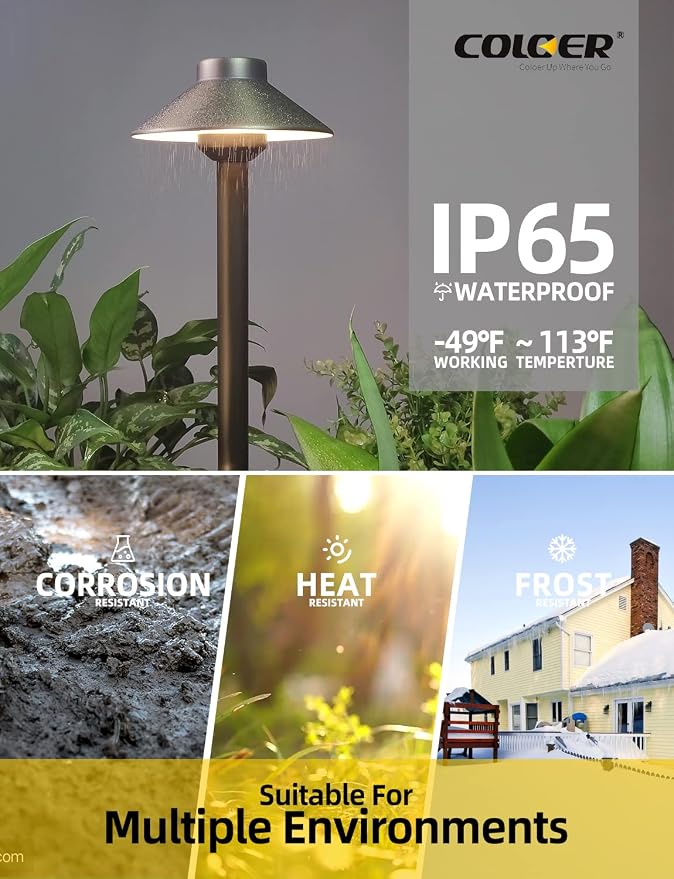 COLOER Brass Low Voltage Pathway Lights 4-Pack with 3W LED G4 Bulb (602B) | 9-17V 2700K AC/DC Heavy Duty LED Path Lights Outdoor Wired, 6.13'' Shade 22.88'' Tall, China Hat Landscape Lighting, Bronze