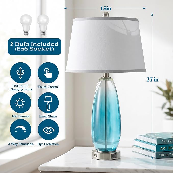 WIHTU 27" Glass Table Lamps for Living Room, Touch Bedside Lamps Set of 2 | Gradient Blue Glass Body, 3-Way Dimming, USB A+C Ports, Included 2 Bulbs,E26 Base,Modern Nightstand Lamp for Bedroom, Office