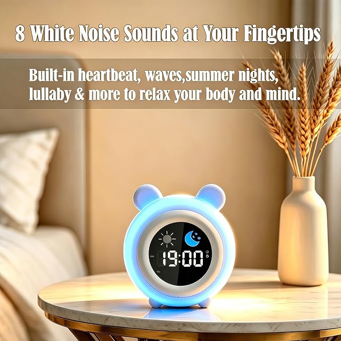 Puppy Cartoon Ok to Wake Alarm Clock, White Noise Tap Night Light for Room | 6 White Noise Sounds, 8 Light Modes, Dual Alarm & Snooze, Dimmable LED, Type-C Rechargeable, 12/24 Hour Display