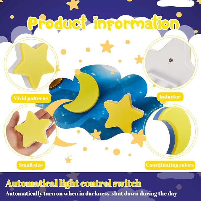 Mudder 2 Pack Night Light Plug into Wall Soft LED Night Light Cute Wall Nursery Lamp Warm Sensor Plug-in Intelligent Nightlight for Bedroom Hallway(Star, Moon,Yellow)