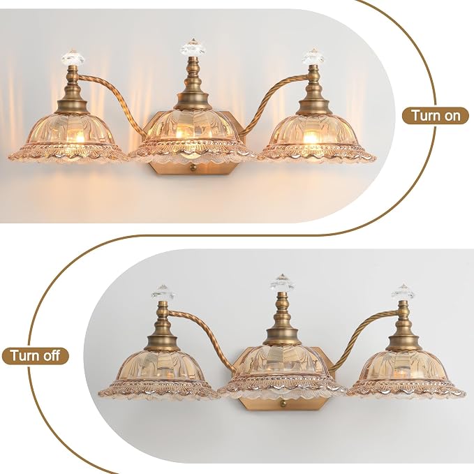 Vintage Bathroom Vanity Light Fixtures, 3-Light Matte Brass Finish Vanity Light with Flower-Shaped Amber Glass Shades, Retro Wall Sconce for Mirror, Powder Room, Bedroom